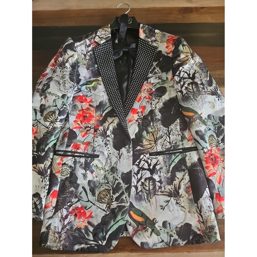 Kent & Park Italy Men's Floral Blazer Size 38 Studded Lapel Bird Print Tuxedo